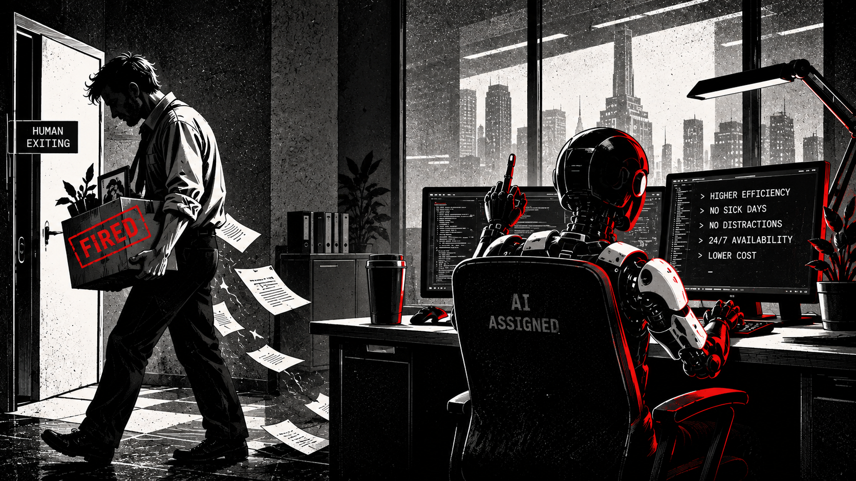 Departing office worker carrying a fired box while an AI robot takes over the workstation.