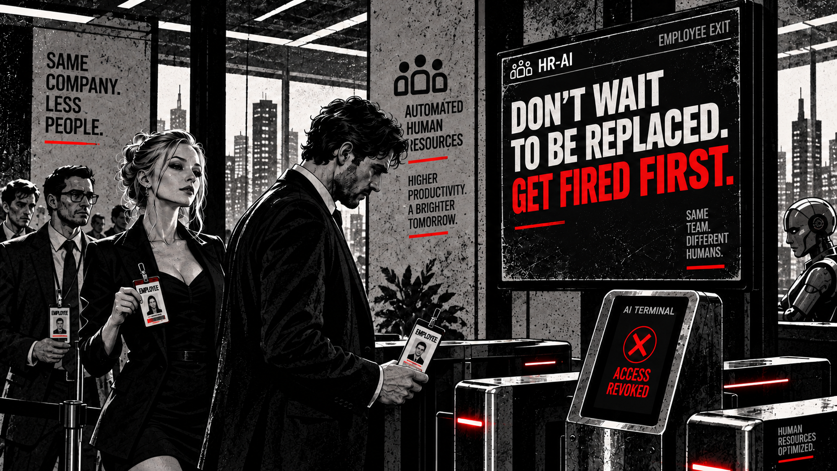 Employees queue at an automated office exit as a worker's access is revoked, under the message “Don’t wait to be replaced. Get fired first.