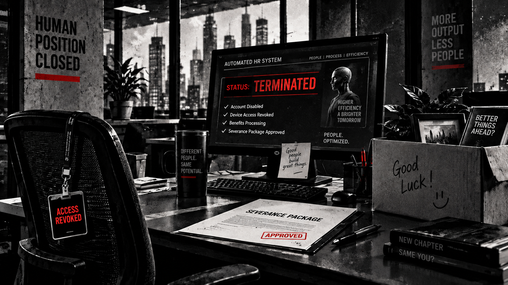 Empty office workstation showing terminated employee access, severance paperwork, and automated HR status.